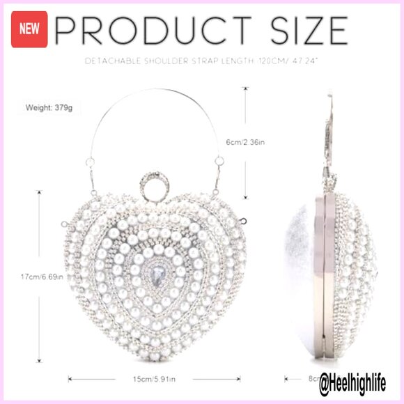 Heart Shape Evening Clutch with Pearl Rhinestone Detachable Chain Strap